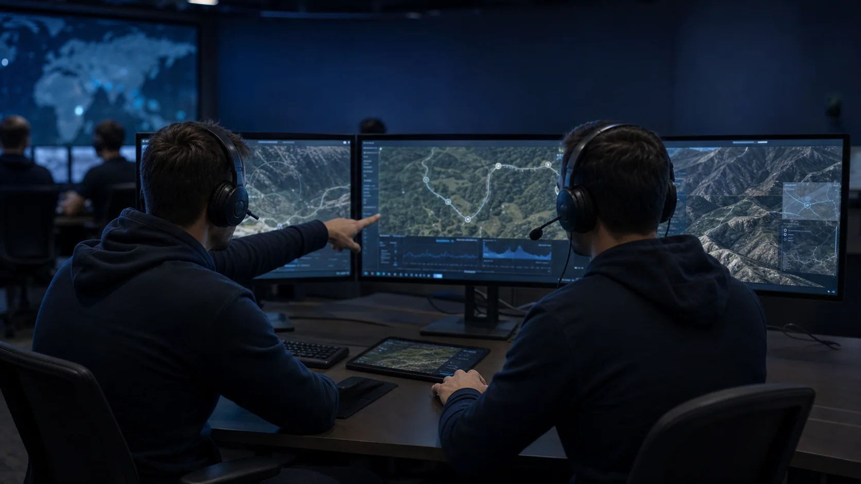Team bespreekt een simulatiemissie in een moderne trainingsruimte